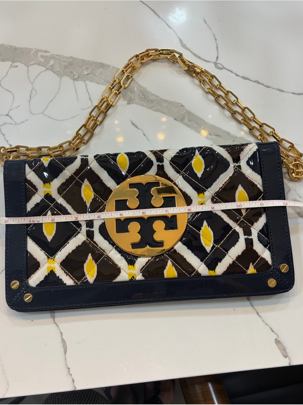 Tory Burch Navy, Yellow & White Patent Quilted Logo Shoulder Bag - Picture 6 of 6